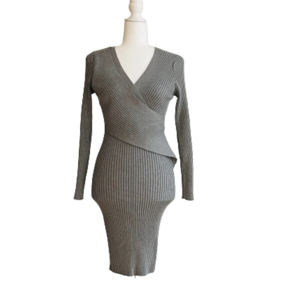 Tam Ware Dress Gray Ribbed Knit V Neck Long Sleeve Sweater Bodycon Dress Small - Picture 3 of 12